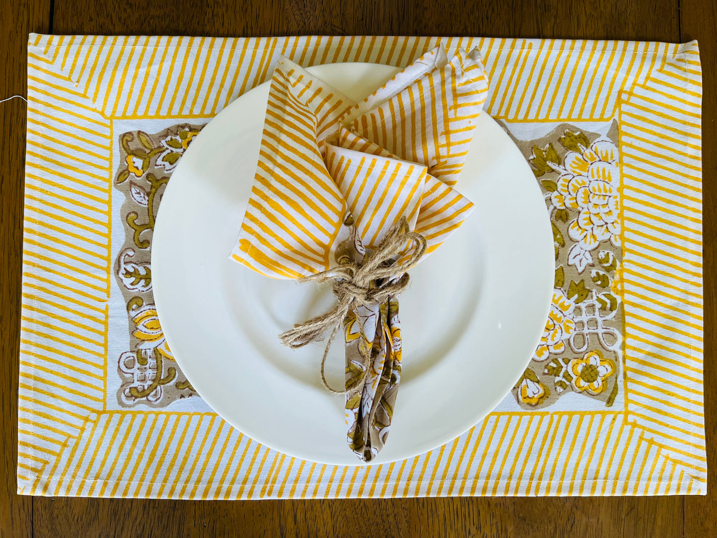 Placemats:Gold and beige floral with stripe border