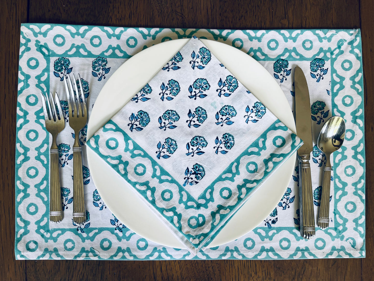 Placemats: Aqua w/ blue and navy floral